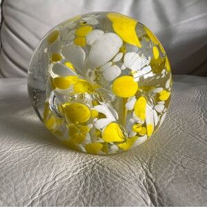 Hand-blown Art Glass Paperweight With Yellow and White Spatter
